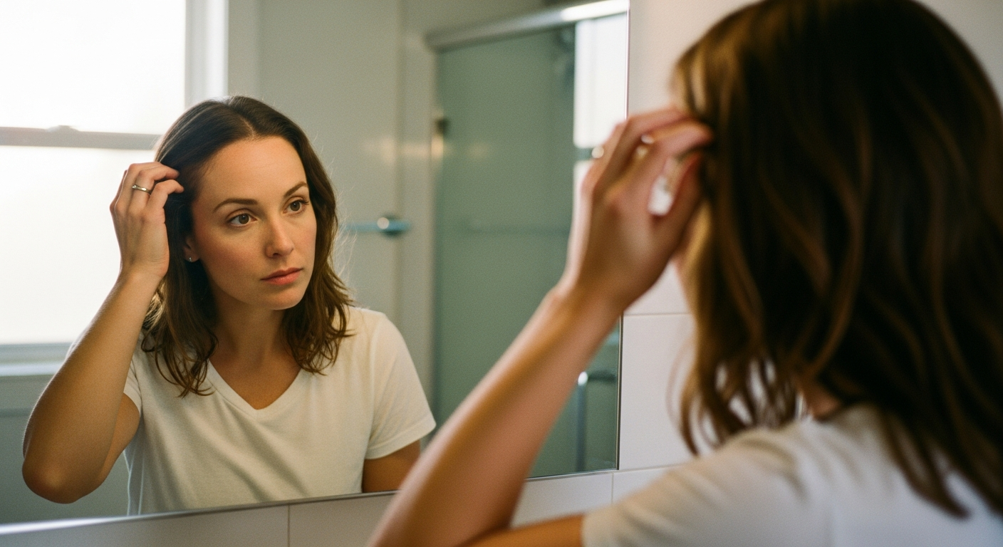 Woman examining her hair in the bathroom mirror, noticing thinning at the part line