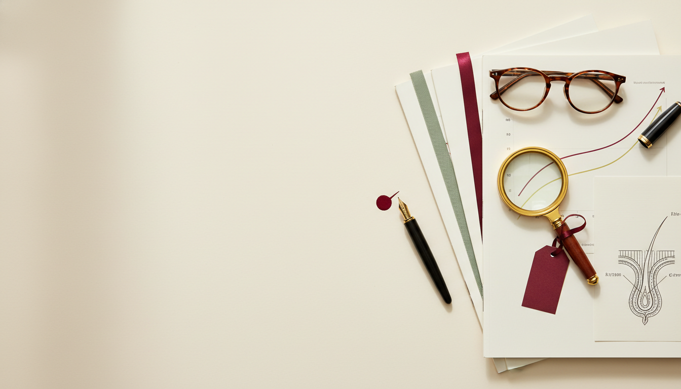 Clinical research papers, reading glasses, magnifying loupe, and a hair follicle anatomical diagram on an editor's desk